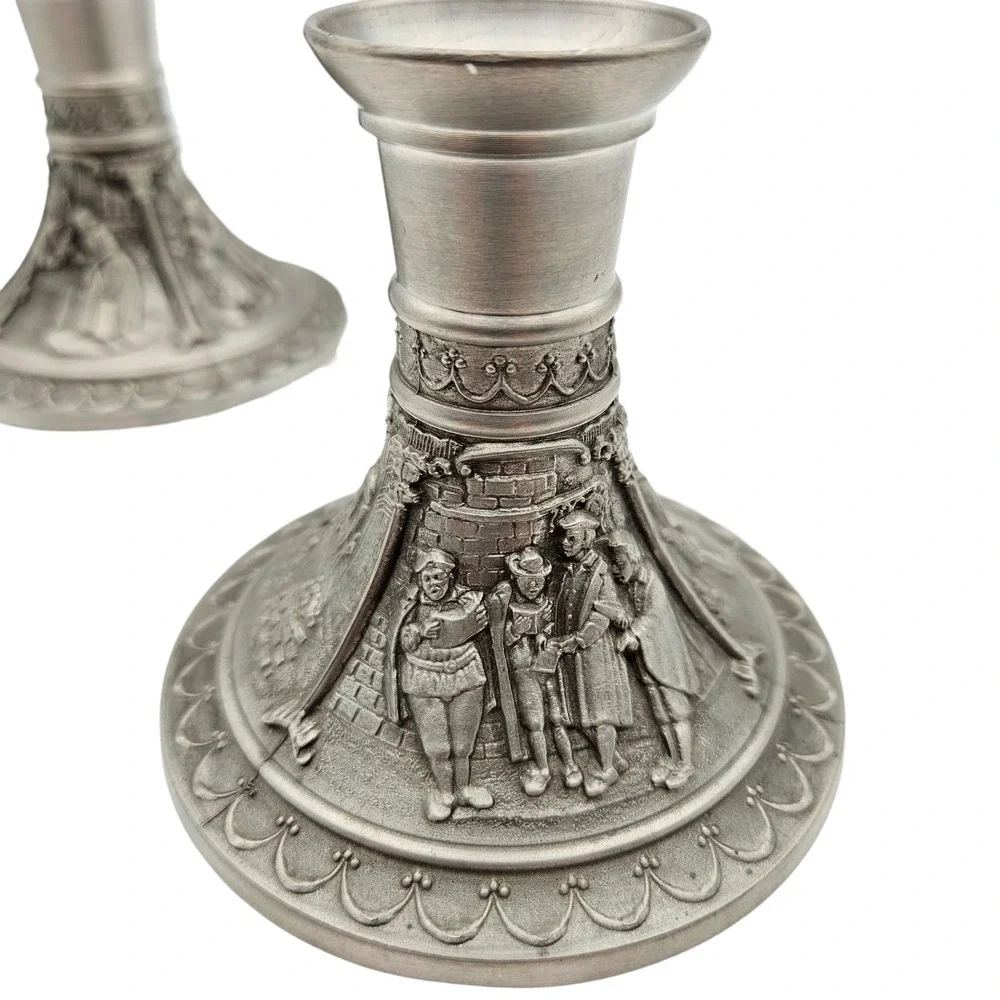 2 German Carved Courting Scenes Zinn 95% Pewter Tin Candlestick Holders Pair